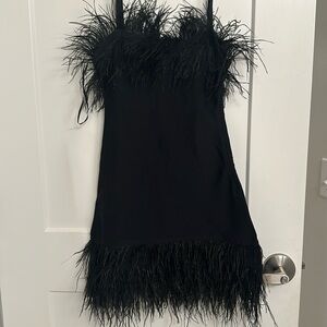 STAUD Black Feather-Trim Mini Dress